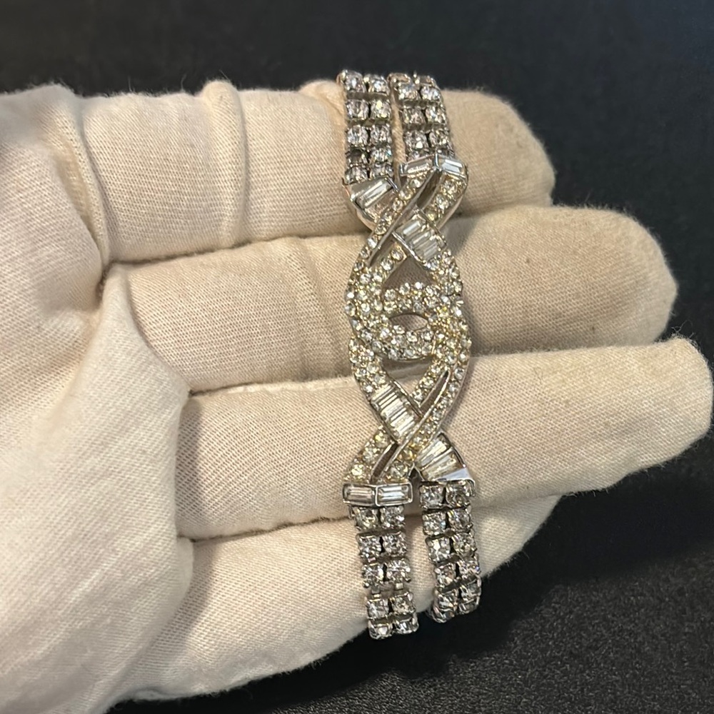 RARE”Boucher Rhodium plated art deco, clear rhinestone baguettes, safety chain